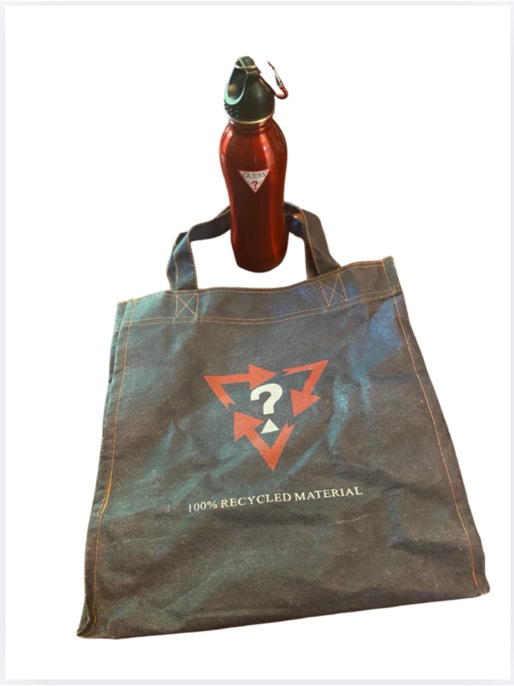 GUESS Distressed Denim Tote Bag with Red Logo and Matching Red Water Bottle
